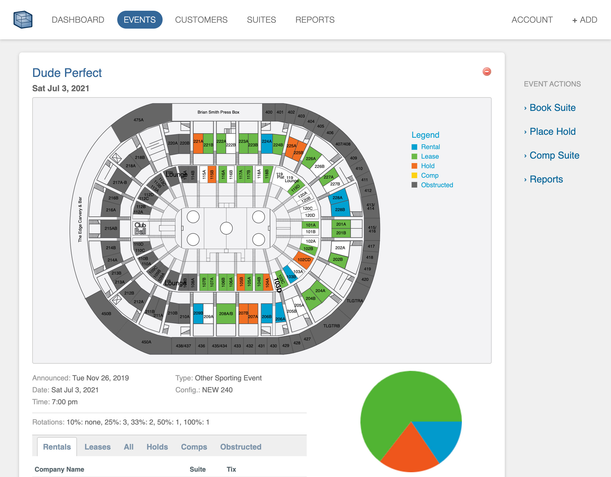 Boxseat event view with an arena suite map coloured by rental, lease, hold, and comp